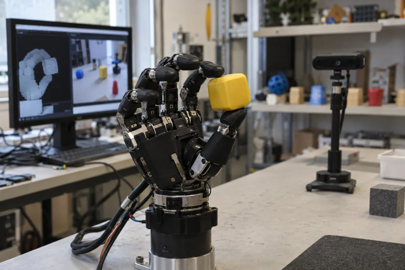 A multi-fingered robotic hand holding a yellow cube on a lab bench, beside a depth camera and a monitor showing a simulated grasp.