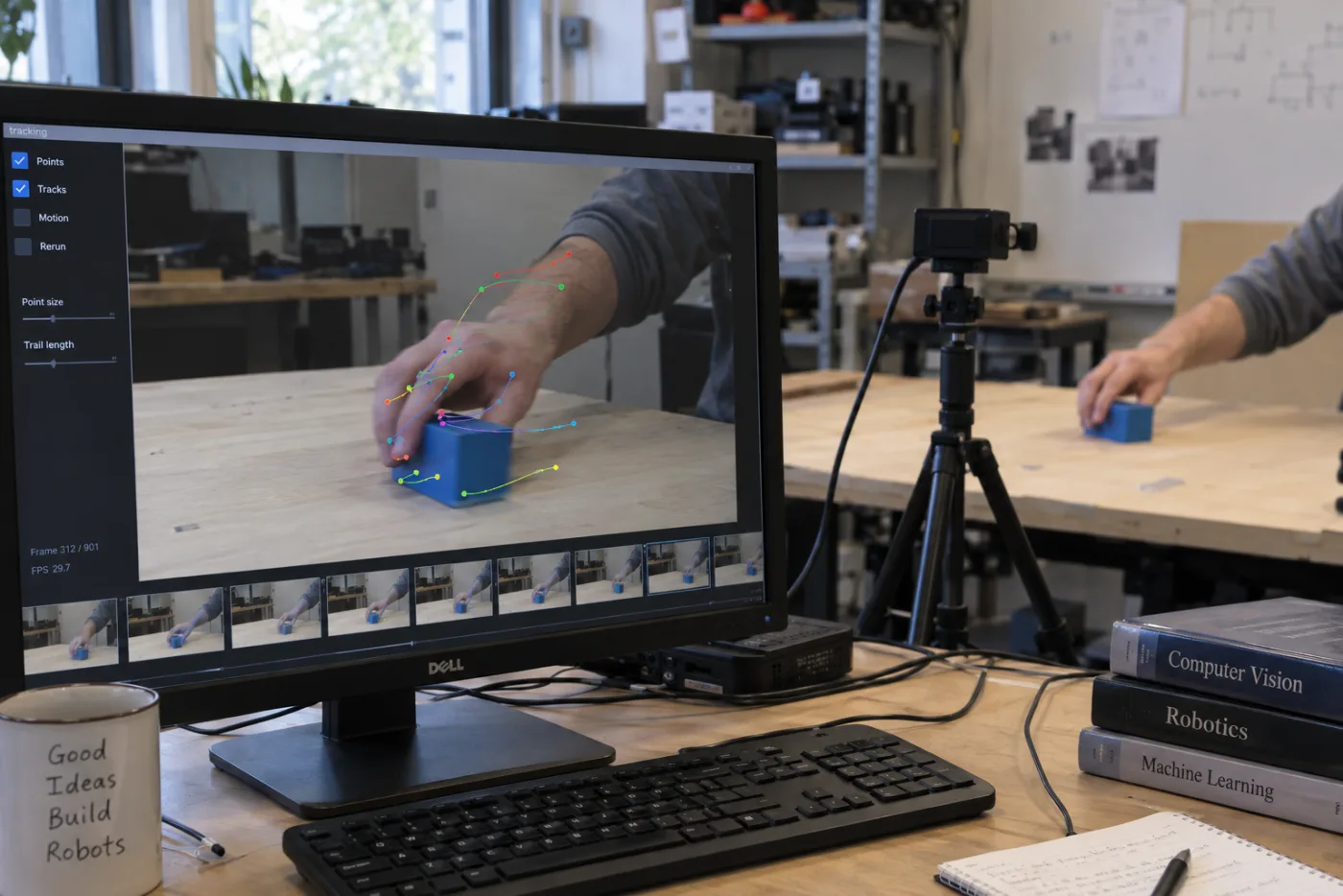 A monitor showing point tracks following a hand as it moves a blue cube, recorded by a camera on a tripod.