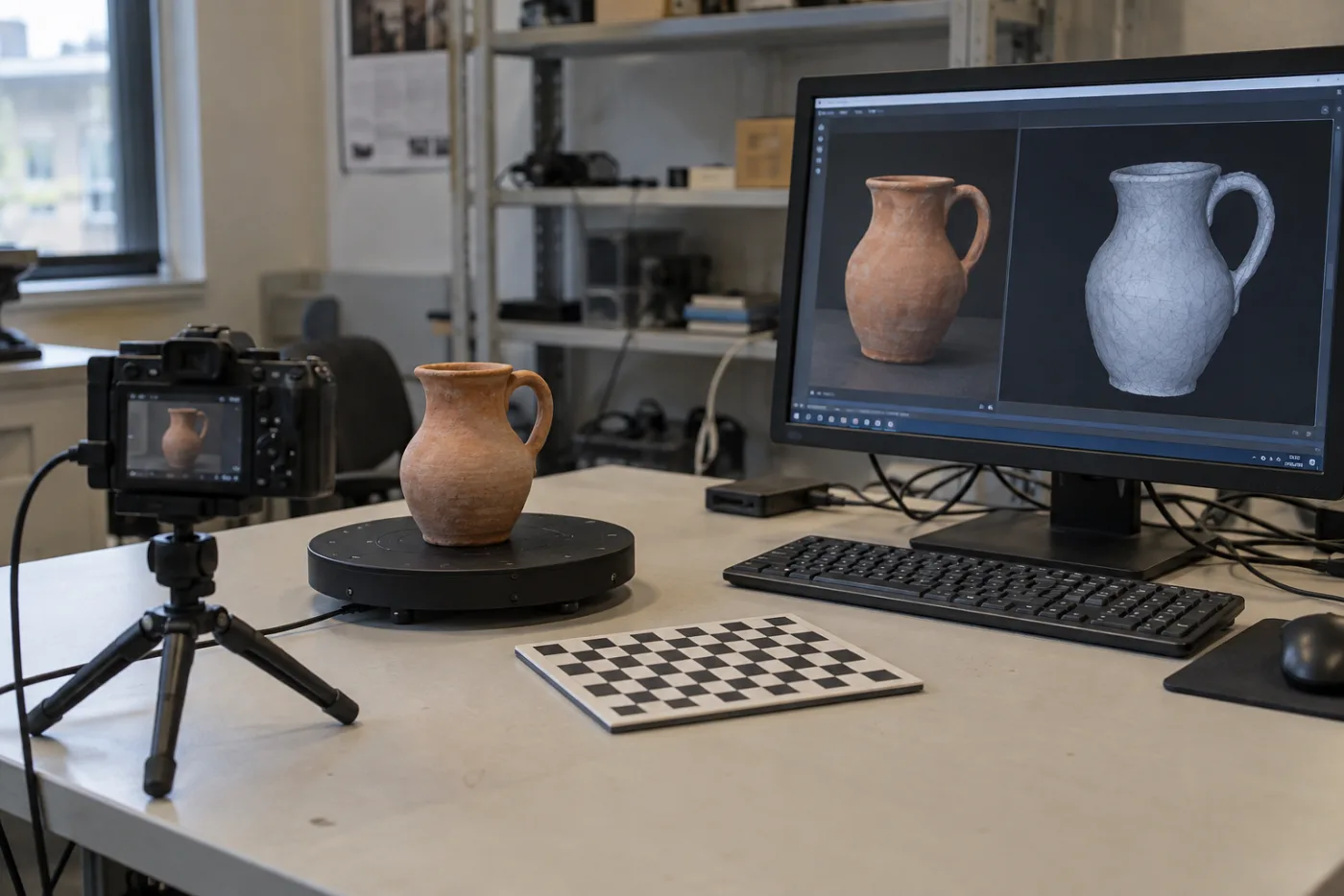 A clay pitcher on a turntable in front of a camera and a calibration checkerboard, with its reconstructed 3D model on a monitor.
